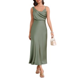 LUNAMODA Women's Summer Satin Dress Elegant Cowl Neck Adjustable Spaghetti Strap Wedding Guest Cocktail Party Maxi Dresses Green, Medium