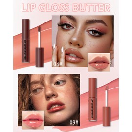 Butter Lip Gloss,2Color Hydrating Non-Sticky Plumping Lip Balm,Brown Sugar Pink Tinted Lip Lipgloss,Long Lasting Jelly Glow Reviver Fat Lip Oil Yummy Lip Gloss,Christmas Makeup Gift for Women-04+09