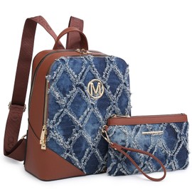 MKP Women Fashion Double Zipper Medium Backpack Purse PU Leather Ladies Travel Shoulder Bag Set 2Pcs