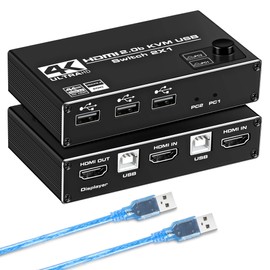 4K@60Hz HDMI KVM Switch, 2x1 HDMI2.0 Ports + 3X USB KVM Ports, Share 2 Computers to one UHD Monitor, Support Wireless Keyboard and Mouse, USB Disk, Printer