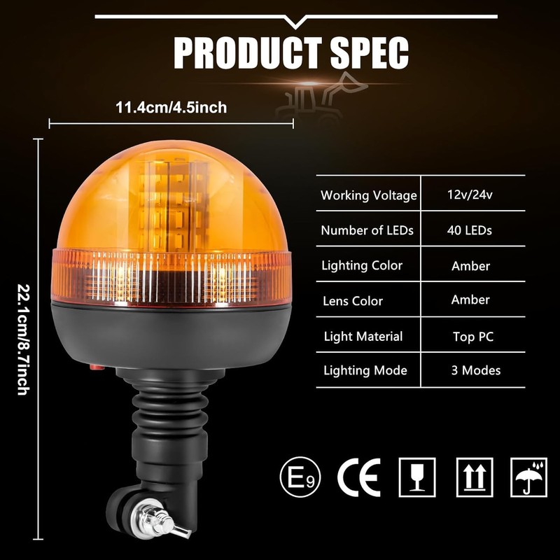 LED Amber Beacon 40LEDs Flashing Warning Light Pole Mount Emergency