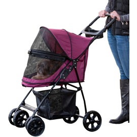 Pet Gear No-Zip Happy Trails Lite Pet Stroller for Cats/Dogs, Zipperless Entry, Easy Fold with Removable Liner, Safety Tether, Storage Basket + Cup Holder, Red Plum