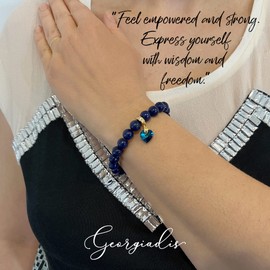 { Georgiadis } - 8mm Lapis Lazuli Gemstone Bracelet with Austrian Crystal Heart Charm, 18K Gold Plating, Healing Stone, Promotes Self-confidence, Intuition, Colour Therapy Blue, Birthstone September, Love, Friendship, Gift, Bracelet for Women (Blue, 21cm