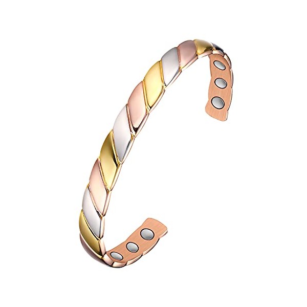Jeracol Copper Magnetic Bracelet for Women,Three Colors Striped Solid Copper Magnetic Cuff Bangle with 6 Pcs Ultra Strength Magnets,Adjustable Size Magnetic Brazaletes & Jewelery Gift Box