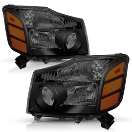 TUSDAR Headlight Assembly Compatible with 2004-2015 Nissan Titan / 2005-2007 Armada Halogen Headlamp Left and Right side Black Housing with Smoke Lens