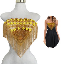 MOPISVN Handmade Rhinestone Fringe Beaded Patch Trim Crystal Sewing Applique Crafts for Strapless Gown Party Clothes Decoration 13X12inches (Gold)