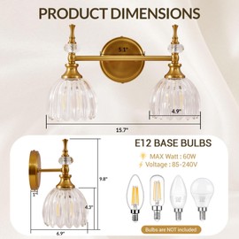 ANDY STAR 2-Light Vintage Bathroom Vanity Light Over Mirror, Brushed Gold Bathroom Light Fixtures with Clear Tulip Glass Shade, E12 Base(Bulbs Not Included)