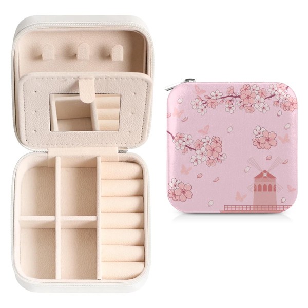 lakefvgk Cherry Blossom Travel Jewelry Organizer, Necklace Box with Mirror,