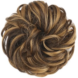 FESHFEN Messy Hair Bun Hair Pieces Wavy Curly Large Hair Bun Scrunchies Extensions Synthetic Chignon Hairpieces for Women Girls, Brown Highlighted Caramel Blonde 1.94oz