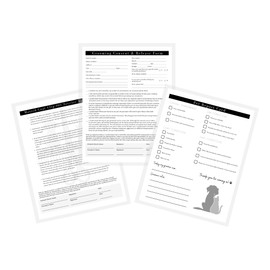 Pet Grooming Intake Forms, Consent & Release, Matted Coat Clip-Off Agreement, Pet Report Card | 50 pk, 25 of each, dbl sided | 8.5x11” Groomer Signature Client Grooming Tips Black and White Minimalist