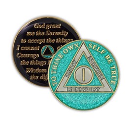 1 Year Sobriety Coin | Glitter Triplate AA Chip Recovery Anniversary Token (Aqua)