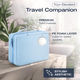 KAZAY Hanging Toiletry Bag, 2 in 1 Smart Design with Detachable Pouch, Travel Toiletry Bag, Water Resistant, Premium Nylon, Full-Size Bottles, Travel Size Toiletries, Cosmetic Makeup Bag (Light Blue)