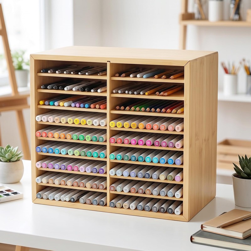Wooden Marker Organizer for Desk, Hold 144 Markers with 9