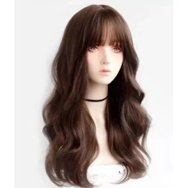 generic Peluca De Cabello Humano Largo Y Rizado Marrón Con Flequillo