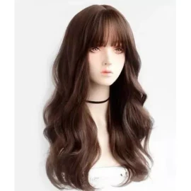 generic Peluca De Cabello Humano Largo Y Rizado Marrón Con Flequillo