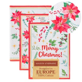 Maison d' Hermine Kitchen Towels Set of 3 100% Cotton 27.50" x 20" Reusable Cloth Tea Dish Towels Absorbent with Hanging Loop for Kitchen, Home, Dining, Cocktail Parties (Poinsettia Christmas)