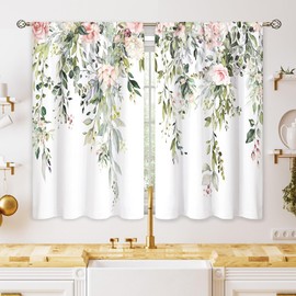 oolygoo Eucalyptus Botanical Leaves Pink Rose Floral Kitchen Window Curtains Flower Plant Leaf Small Window Treatment Sage Green Cafe Short Curtains for Bathroom Treatment Tier Drapes 26x36 inch