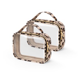 HELZOI TSA Approved Toiletry Bag, 2 Pack Clear Makeup Bags with Handles, Quart Size Toiletry Bags, PVC Cosmetic Bags for Women and Men, Carry on Airport Airline Compliant Bag, Leopard Print