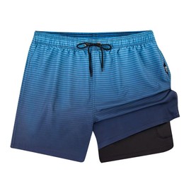 FREDRM Men's Swim Trunks with Compression Liner Quick Dry Bathing Suit Stretch Beach Board Shorts with Zipper Pockets, A-blue Stripe, Medium