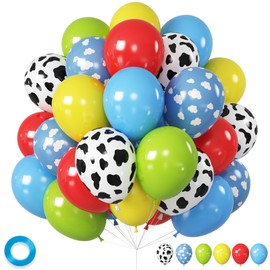 Toy Style Story Balloons, 12 Inch Red Yellow Blue balloons With Cow Print Sky Blue Cloud Balloons, Light Blue Lime Green Balloons for Toy Inspired Story Birthday Decorations Boys Girls Party Decor
