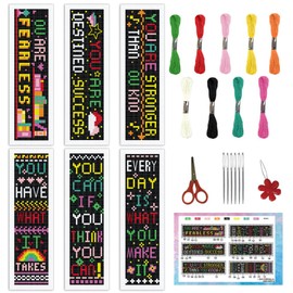 INFUNLY 6Pcs Inspirational Words Cross Stitch Bookmark Kits 8"x2.4" DIY Encourage Texts Embroidery Bookmark Kits for Beginners with Instruction Motivational Bookmark Making Kit for Teens Students Gift