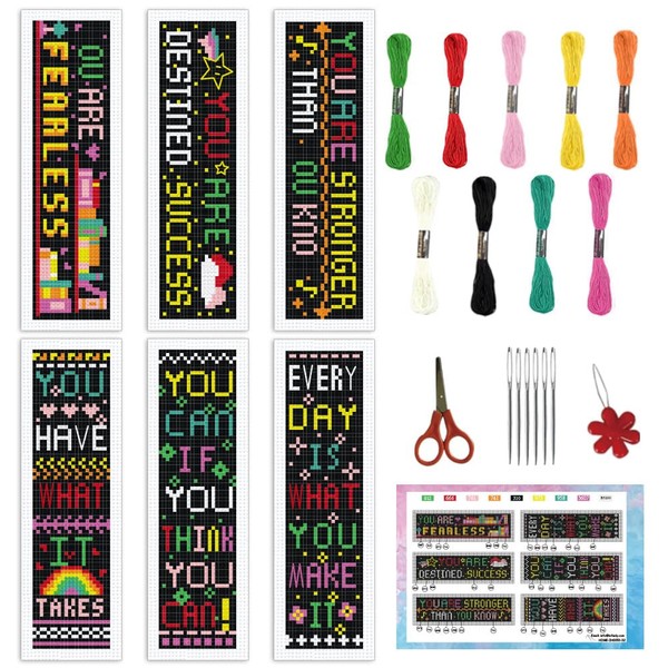 INFUNLY 6Pcs Inspirational Words Cross Stitch Bookmark Kits 8"x2.4" DIY