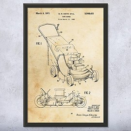 Framed Lawn Mower Print, Gardener Gift, Lawn Care Tools, Yard Work Art, Mower Blueprint, Hardware Store Decor, Dad Gifts Vintage Paper (13x19)