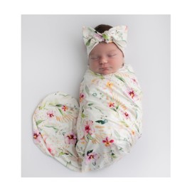 Giggle Angel Baby Receiving Blanket Swaddle Blanket Infant Wrap with Matching Headband Beanie and Name Card (Ink Red Floral)