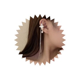 Wendalern Long Chain Tassel Clip On Earring Butterfly Pearl Drop Earring Not Piercing Pearl Butterfly Ear Cuff Silver Butterfly Pearl Ear Clip Earring Jewellery For Women, Zinc, No Gemstone