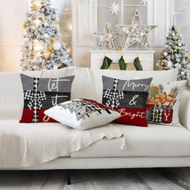 Artmag 16x16 Inch Christmas Throw Pillow Covers Merry Christmas Joy Xmas Trees Red and Black Decorative Winter Holiday Cushion Case for Coach Sofa Set of 4