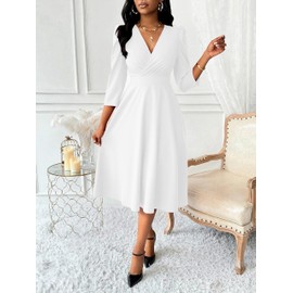 Nmoder Women Casual Midi Semi Formal Fit and Flare 3/4 Sleeve A-line Wrap Empire Waist Dress for Church Work Wedding Guest Cocktail Dresses White 2XL