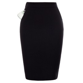 Kate Kasin Women Solid Color Split Stretchy Bodycon Knee Length Pencil Skirt with Pockets (Black, Large)