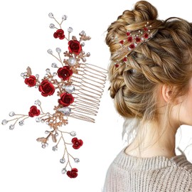 MBAIYO Red Flower Hair Comb, Gold Rose Crystal Bridal Hair Side Comb