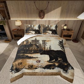 Feelyou Rustic Cabin Bear Comforter Set Forest Animal Wildlife Hunting Theme Bedding Set Queen Size for Boys Girls Farmhouse Black Bear Comforter Brown Farmhouse Bed Set for All Season