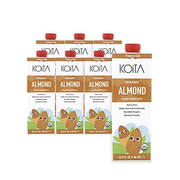Koita Italian Organic Unsweetened Almond Milk, Non Dairy, Plant-Based, Nut Milk, Shelf Stable 1L (6-pack)