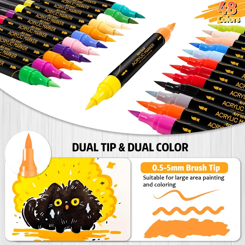 Art+soul Acrylic Pens 48/72 Colors, Pack of 24/36 Dual-Tip Acrylic