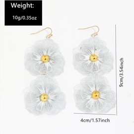 Dainty Large Gold Double Flower Drop Dangle Earrings for Women Statement Trendy Y2K Silver Floral Petal Stud Earring Boho Jewelry Costume Accessories (Silver)