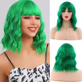 HWHRGL Green Wigs with Bangs for Women 14 Inch Short Wavy Bob Wigs With Bangs Synthetic Bob Wig Curly Wig Heat Resistant Colorful Wavy Wig Cosplay Wigs