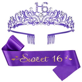 CIEHER Purple Sweet 16 Birthday Decorations - Sweet 16 Sash + 16th Birthday Crown, Party Decorations, Gifts for Girls