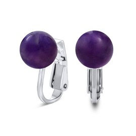 Gemstone Purple Amethyst Round Ball Stud Clip On Earrings For Women Non Piercing .925 Sterling Silver February Birthstone