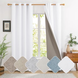 Deconovo Energy Saving Eyelet Curtains, 100% Blackout Curtains with Microfiber Back Layer, Soundproof Faux Linen Curtains for Bedroom, 52 x 63 Inch, Greyish White, 2 Panels