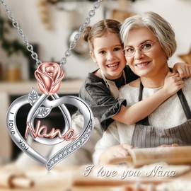 POPKIMI Gifts for Nana Nana Necklace 925 Sterling Silver I Love You Nana Necklace with Rose Flower Nana Jewelry
