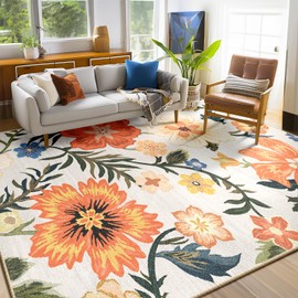 CAPALOCA 8x10 Rug, Machine Washable Vintage Floral Print Rug, Water Repellent Low Pile Soft Non Slip Carpets for for Living Room & Bedroom, White