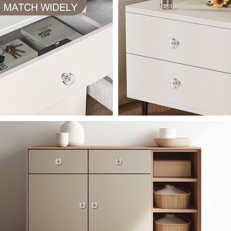 HIEMEY Glass Crystal Dresser Cabinet Knobs Antique Vintage Brass, Octagon