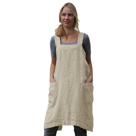 Women's Pinafore Square Apron Baking Cooking Gardening Works Cross Back Cotton/Linen Blend Dress with 2 Pockets Apricot-XL