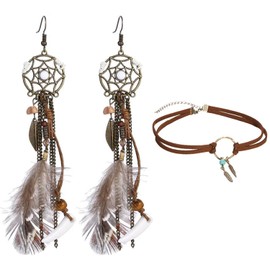 KRYMSON 1 Vintage-Lederhalskette + 1 Paar Feder-Quasten-Ohrringe, Choker-Halskette, Personalisierte Tropfen-Ohrringe, Indischer Schmuck, Schmuck Im Boho-Stil, Geschenke Für Frauen