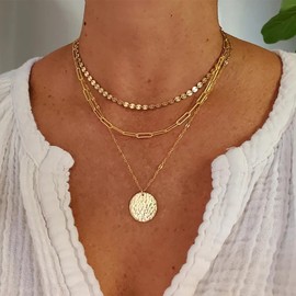 Andelaisi Boho Paperclip Chain Choker Necklace Layered Paperclip Link Chain Necklace Gold Disc Coin Choker Necklace Vintage Clasp Paperclip Chain Necklace Jewelry for Women