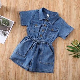 Toddler Baby Girl Denim Overall Shorts Lapel Button Down Bule Jean Romper Jumpsuit Girls Fashion Summer Fall Clothes (C-Blue, 3-4 Years)