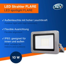 REV LED Spotlight Outdoor Flare - IP65, LED Lamp 10 W, 900 lm, 6500 K, Wall Lamp - Ideal for Yard Driveways, Garages and House Entrances, Silver