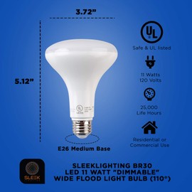 SLEEKLIGHTING BR30 LED 11 Watt Dimmable Wide Flood Light Bulb(110°), 850 Lumens, E26 Medium Base, 65 Watt Equivalent, Energy Star & UL Approved (Pack of 4) (2700K)